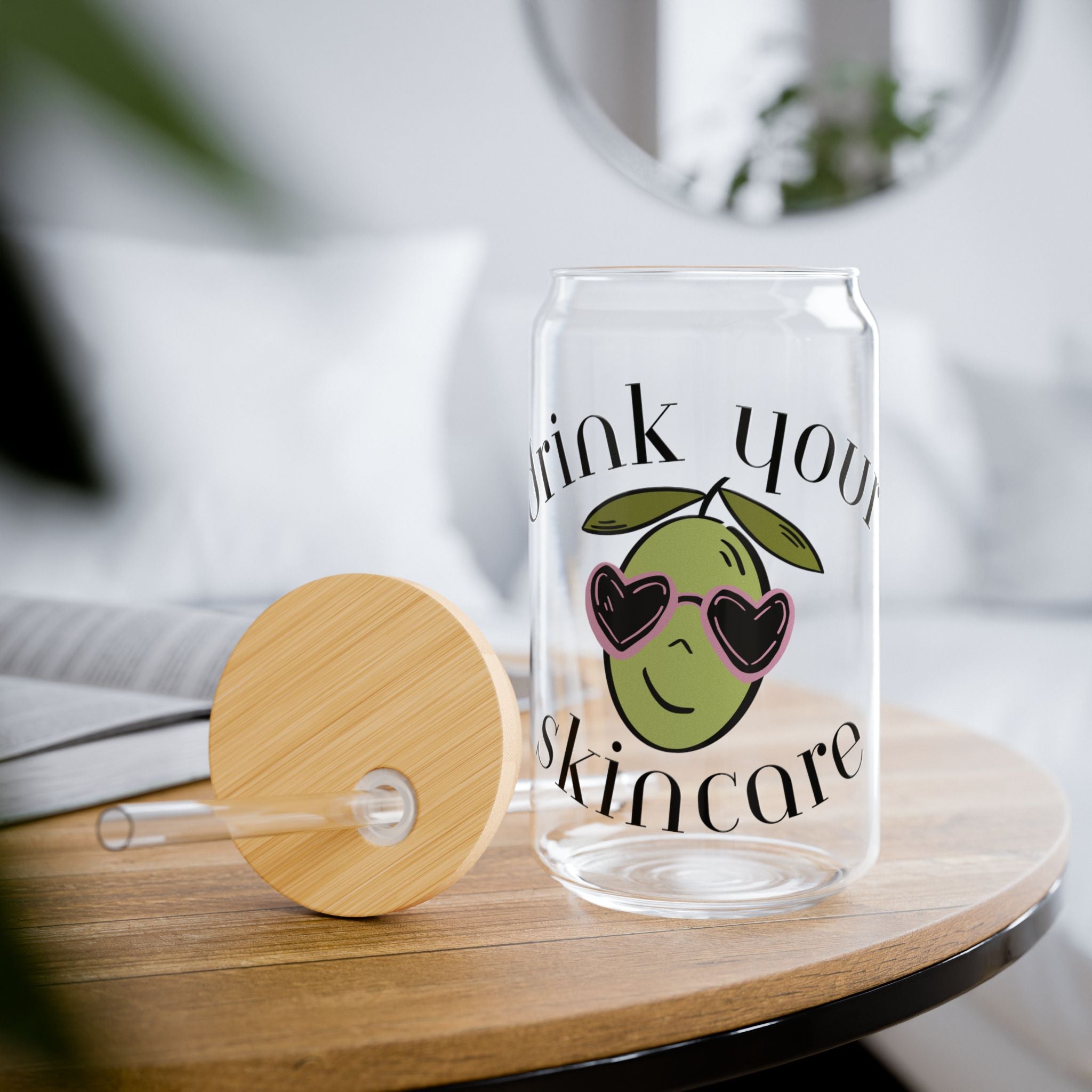 Drink your skincare! / Olive tree sunglasses cartoon / Sipper Glass, 16oz