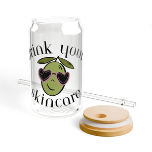 Drink your skincare! / Olive tree sunglasses cartoon / Sipper Glass, 16oz