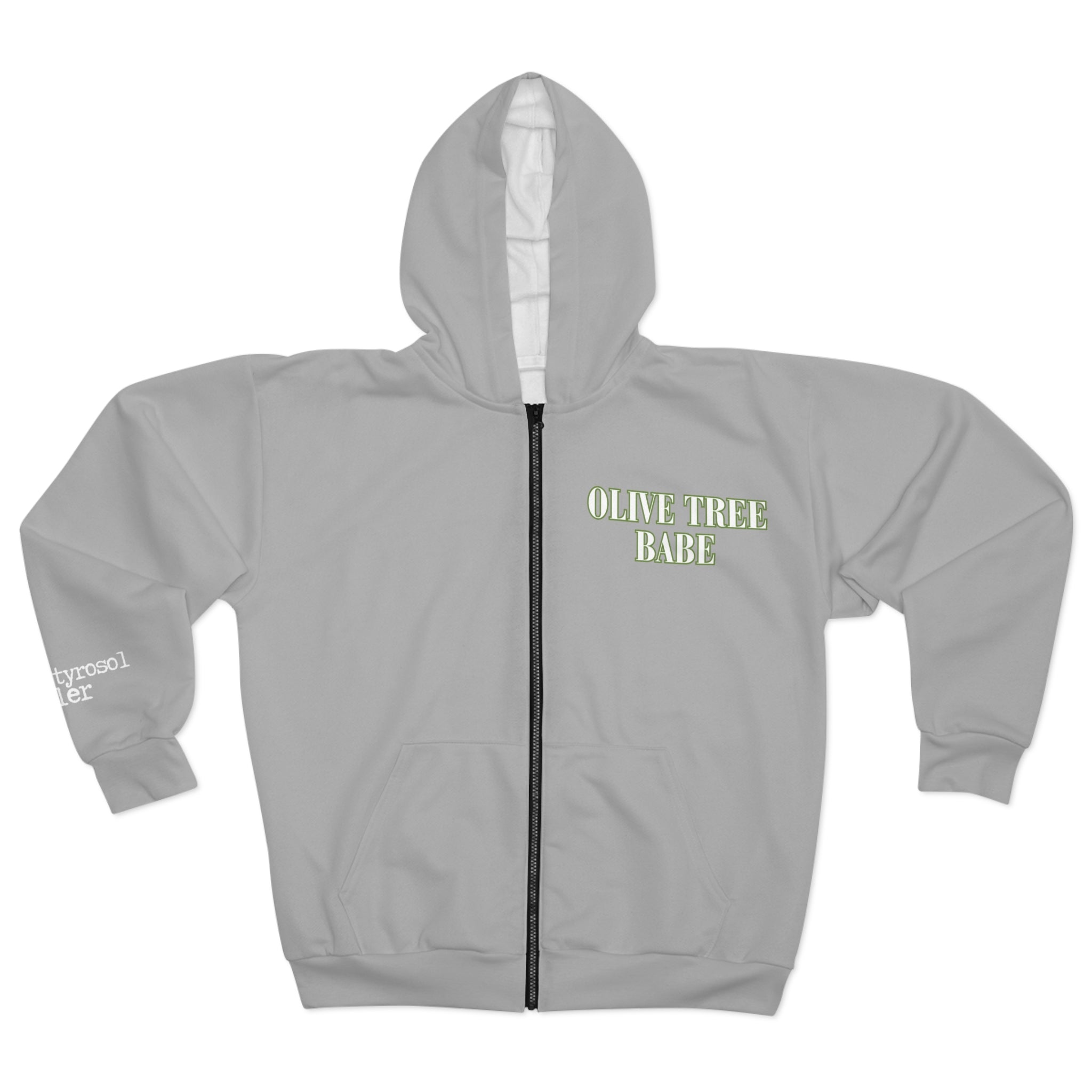 Olive Tree Babe / Hydroxytyrosol dealer / Unisex Zip Hoodie (AOP) / gray sweatshrt