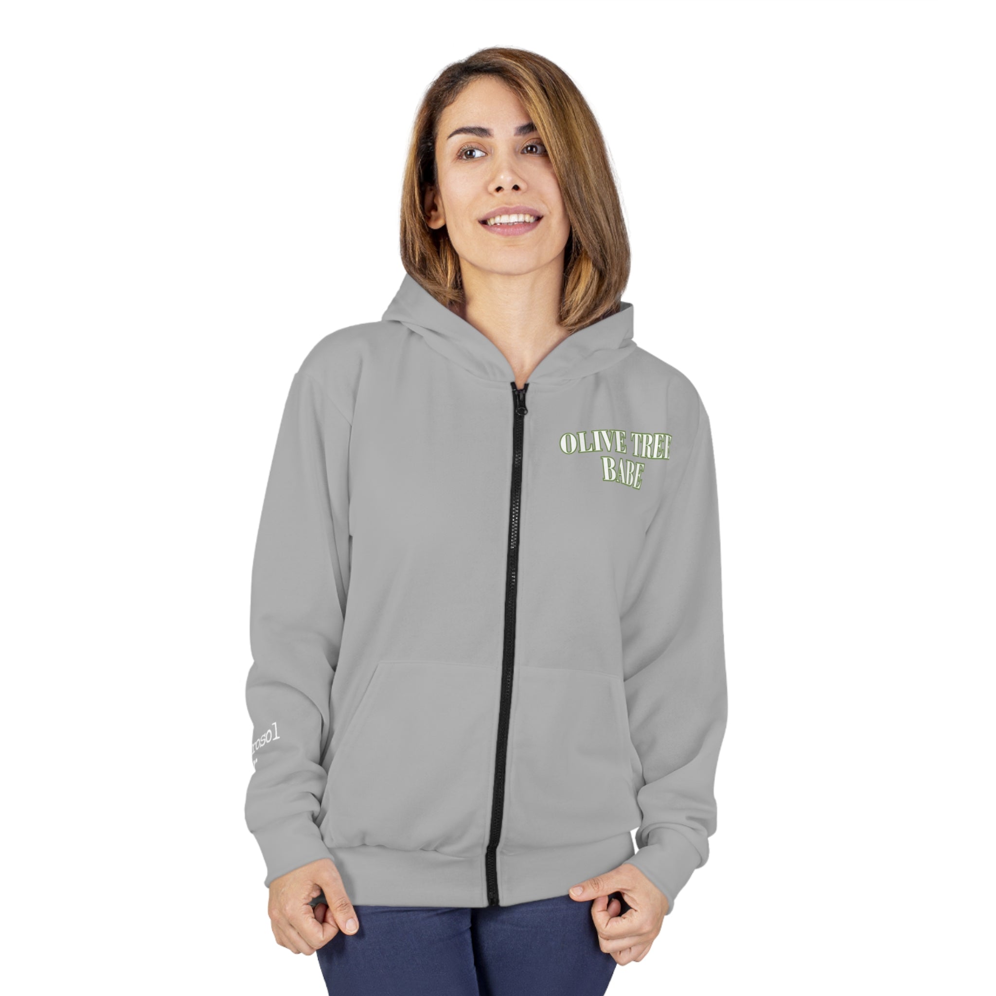 Olive Tree Babe / Hydroxytyrosol dealer / Unisex Zip Hoodie (AOP) / gray sweatshrt