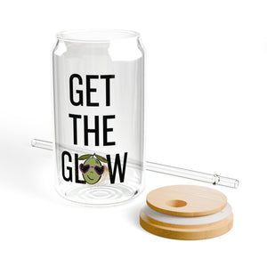 Get the glow / Drink your skincare! / Olive tree sunglasses cartoon / Sipper Glass, 16oz