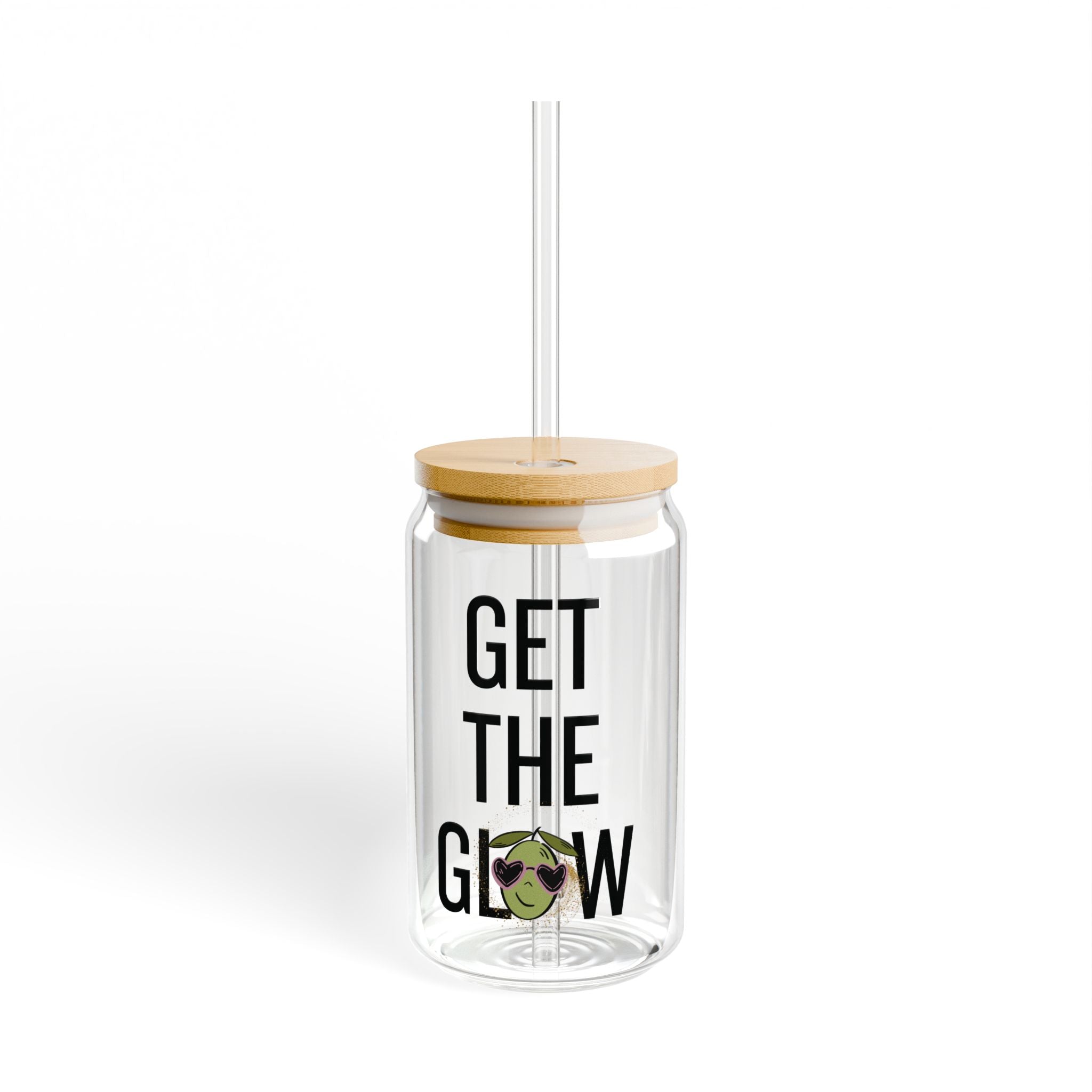 Get the glow / Drink your skincare! / Olive tree sunglasses cartoon / Sipper Glass, 16oz