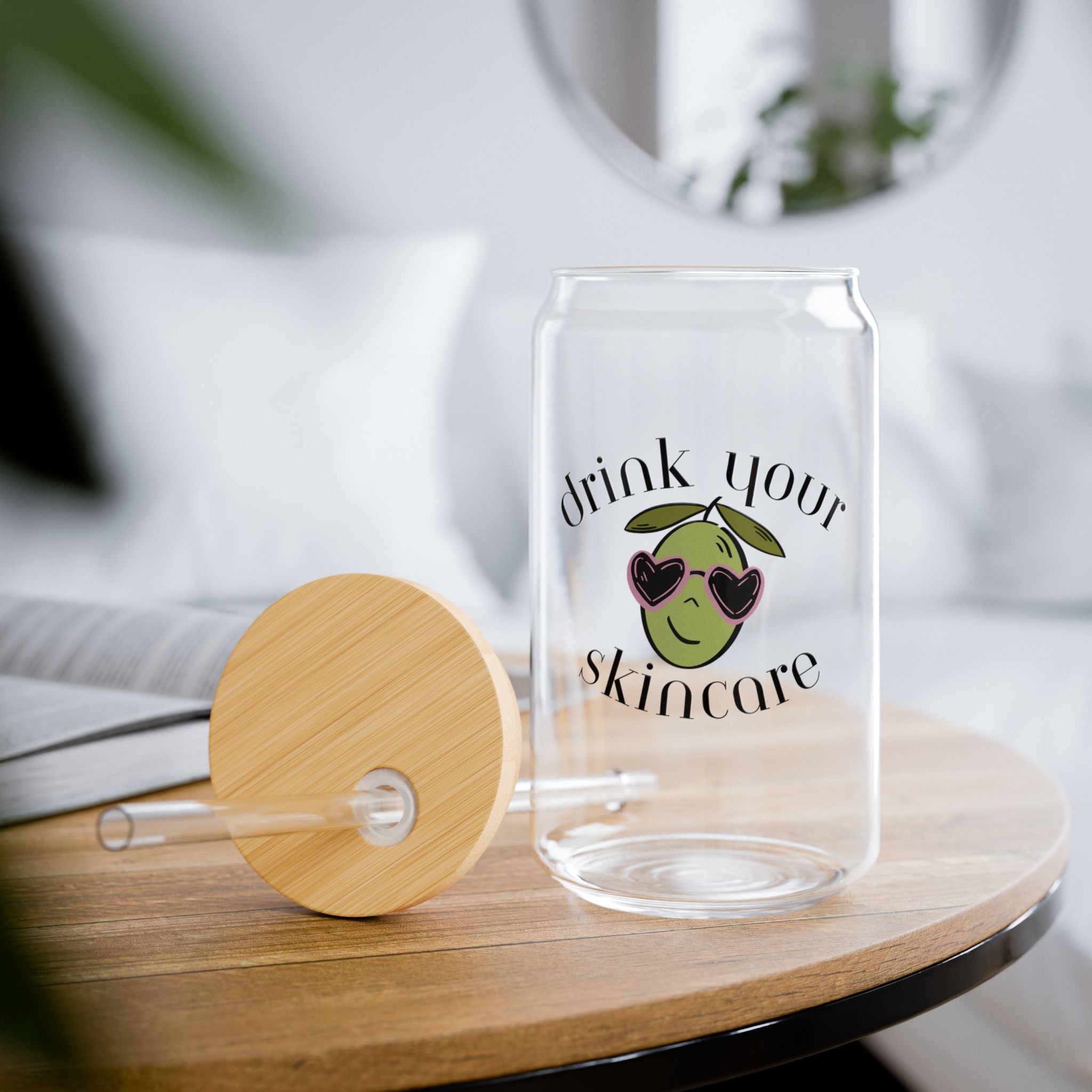 Drink your skincare! / Olive tree sunglasses cartoon / Sipper Glass, 16oz