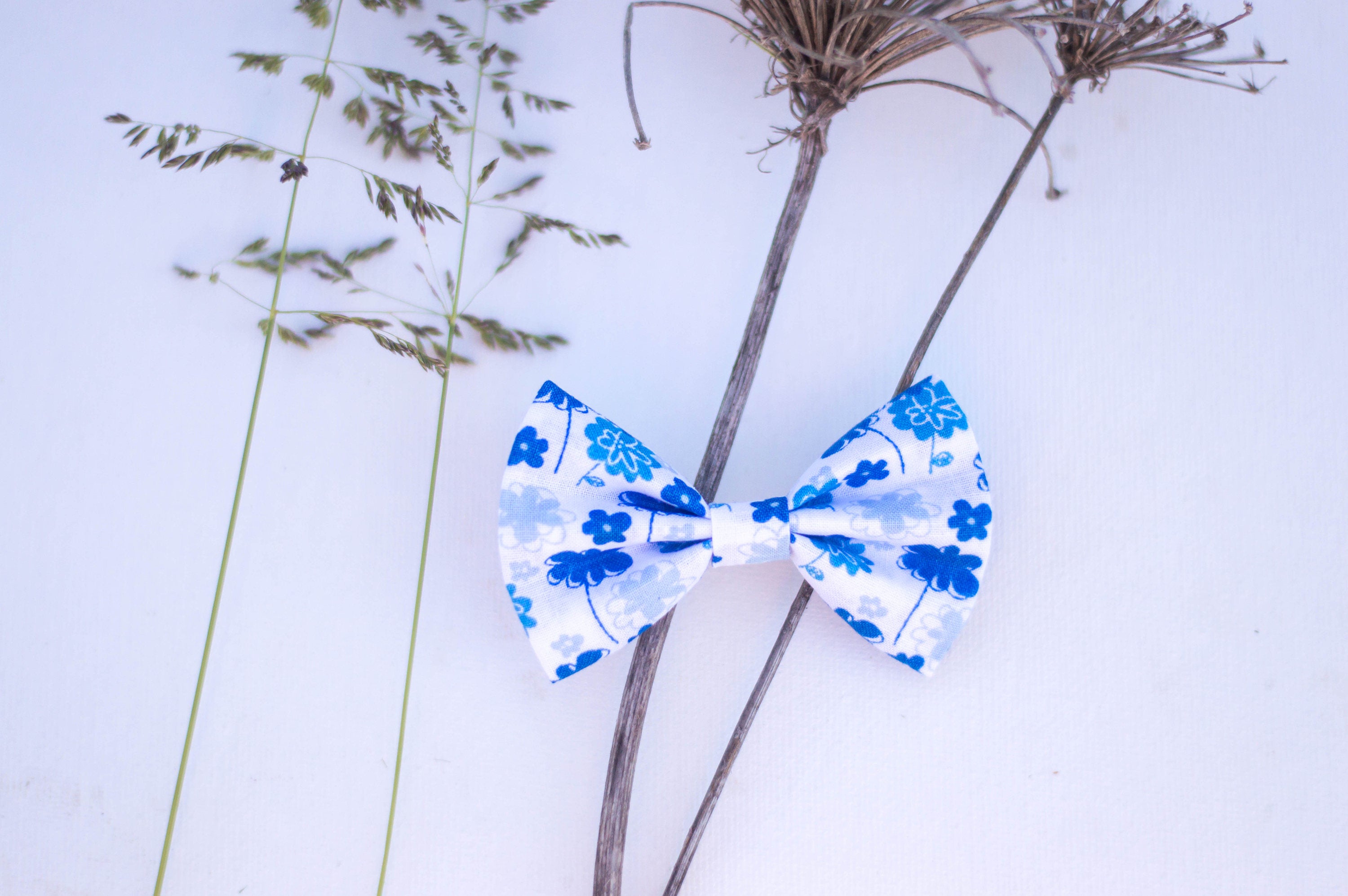 blue tiny flowers white cotton bow tie shaped bow