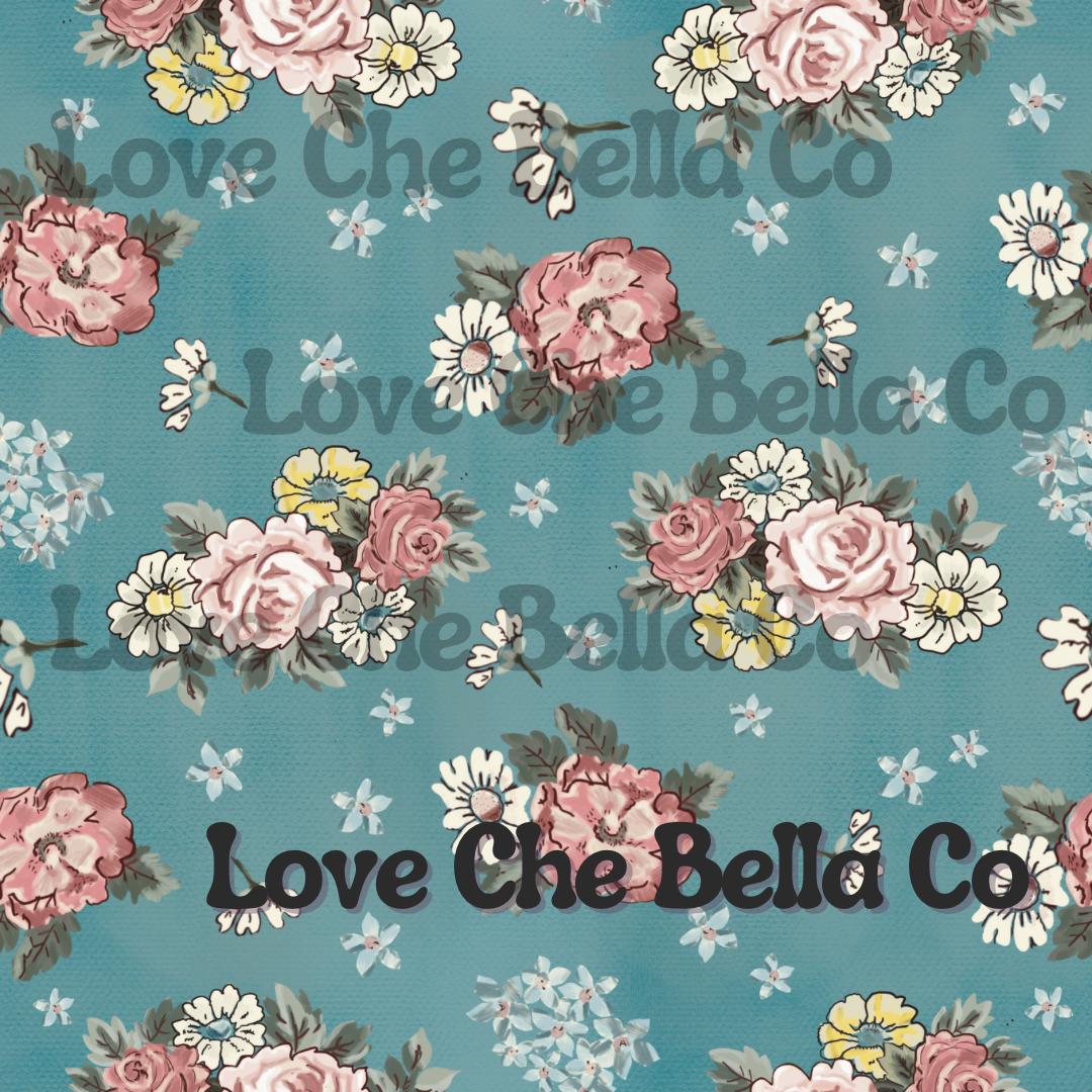 Vintage floral bouquets - Dark turquoise canvas