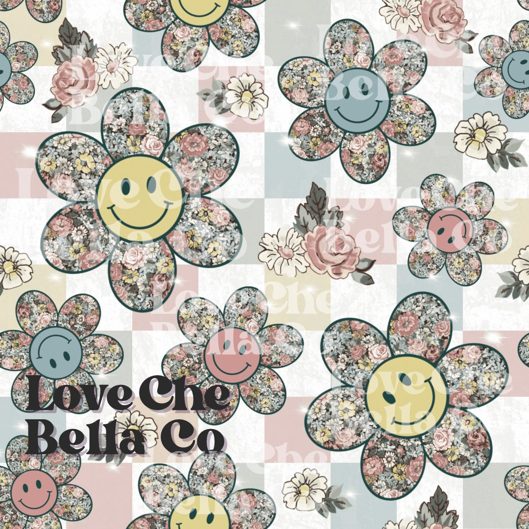 Checkered vintage floral smiles - seamless file