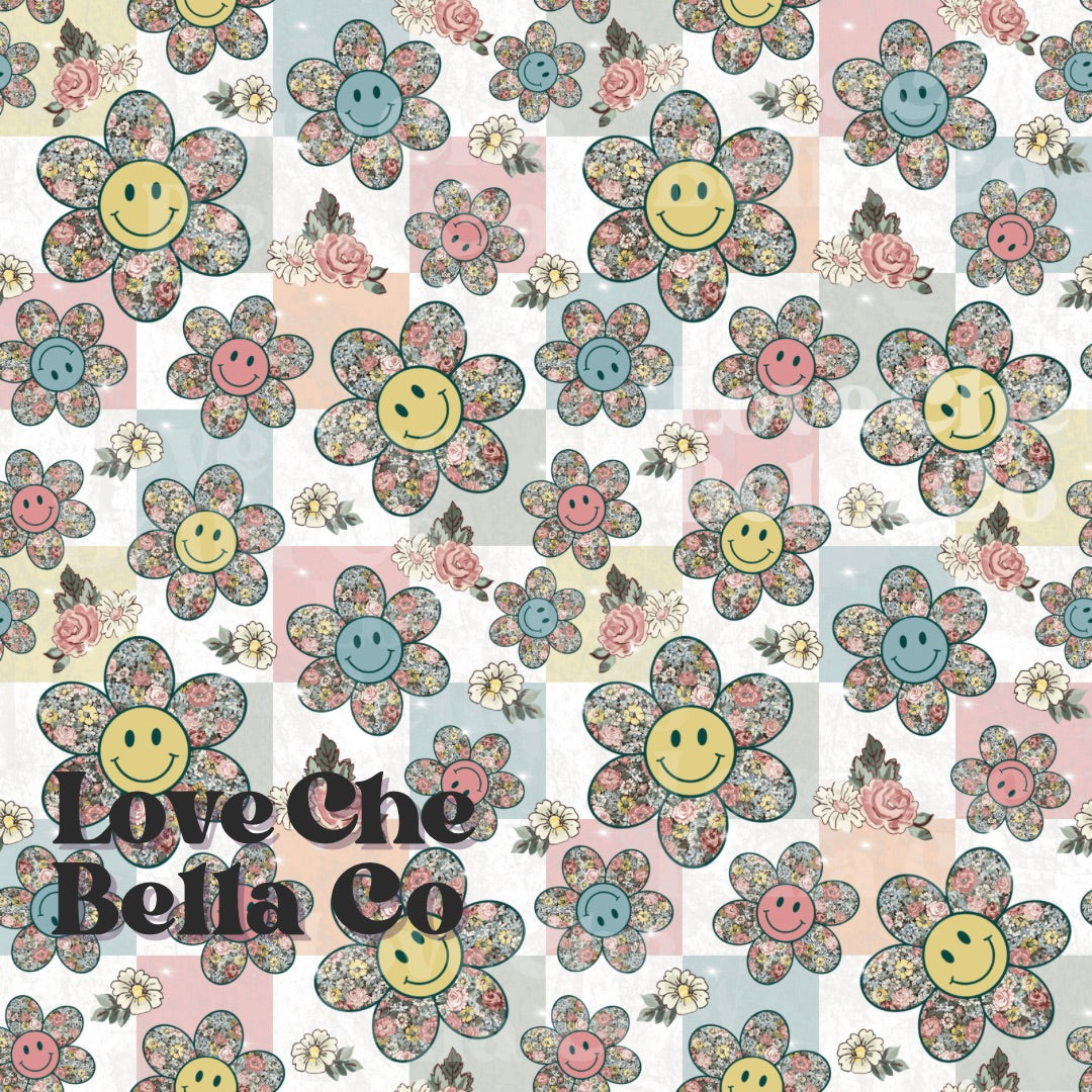 Checkered vintage floral smiles - seamless file