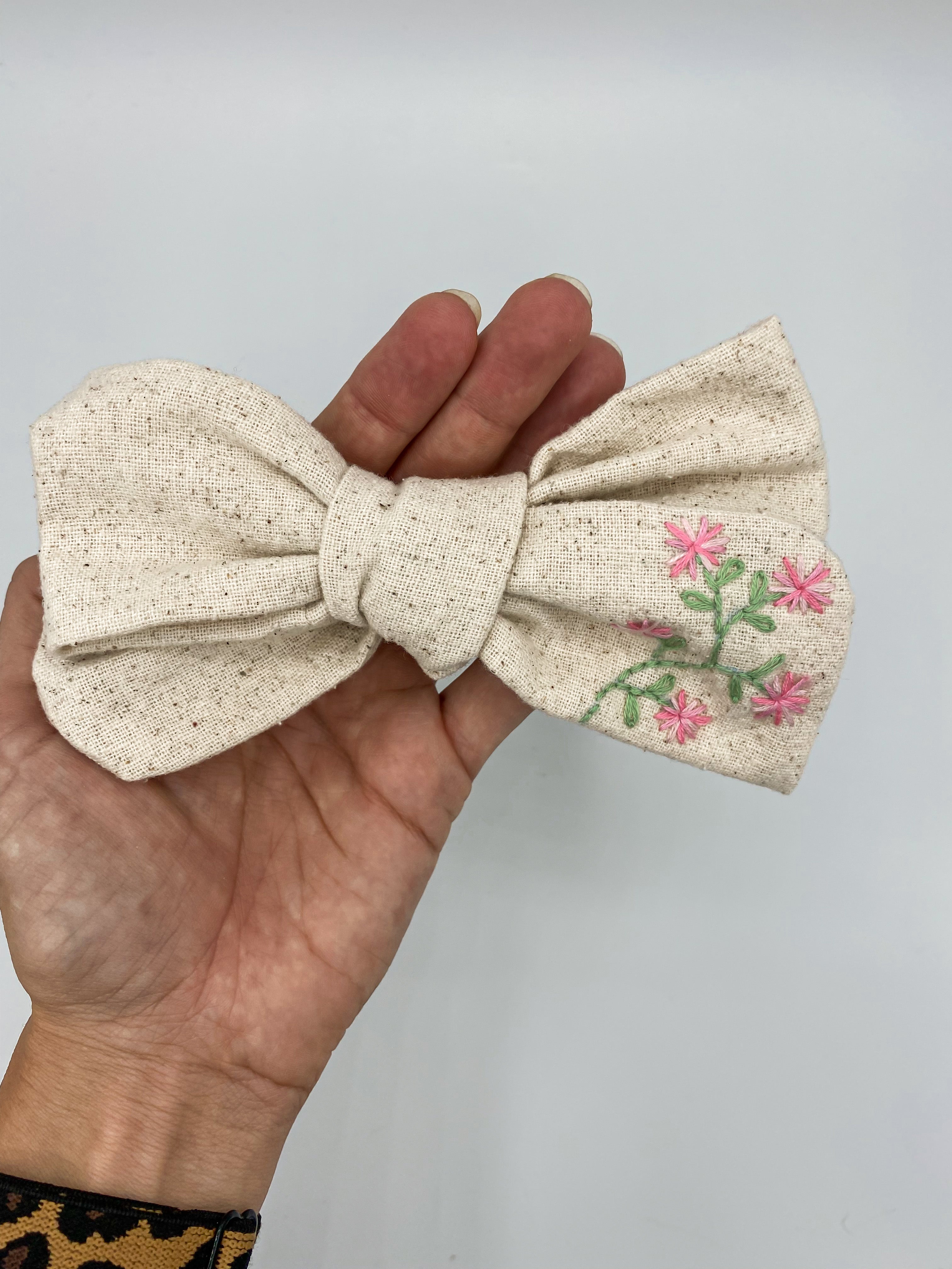 OOAK Embroidered pink bow