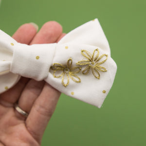 OOAK Embroidered 2 gold flowers bow hoc